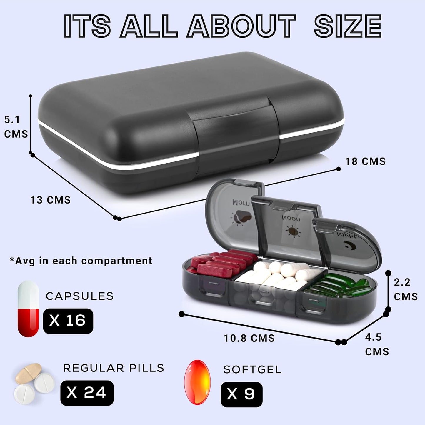 Premium weekly pill organizer 3 times a day, Medicine organizer box| Medicine box, portable travel pill box weekly with large compartments moisture-proof pill case for vitamin, Medicine, pills, supplements (Black-3 Compartment)