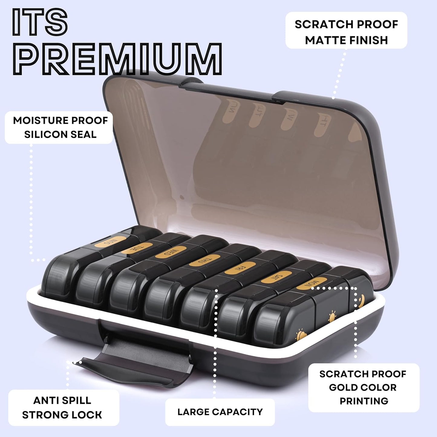 Premium weekly pill organizer 3 times a day, Medicine organizer box| Medicine box, portable travel pill box weekly with large compartments moisture-proof pill case for vitamin, Medicine, pills, supplements (Black-3 Compartment)